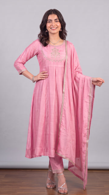 Pink Vichitra Silk Stitched Suit With Neck Embroidery