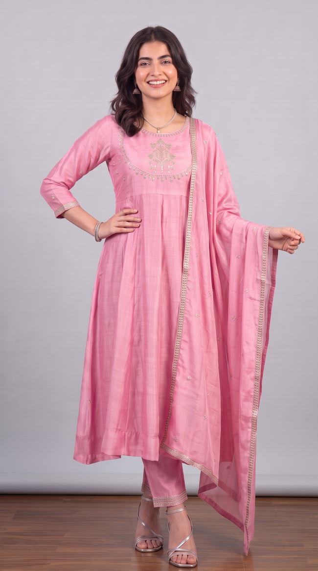 Pink Vichitra Silk Stitched Suit With Neck Embroidery