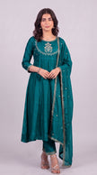 Rama Blue Vichitra Silk Stitched Suit With Neck Embroidery