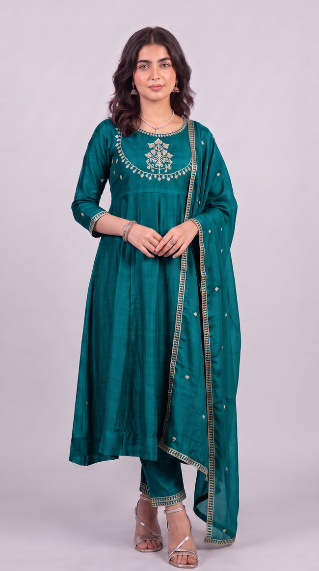 Rama Blue Vichitra Silk Stitched Suit With Neck Embroidery