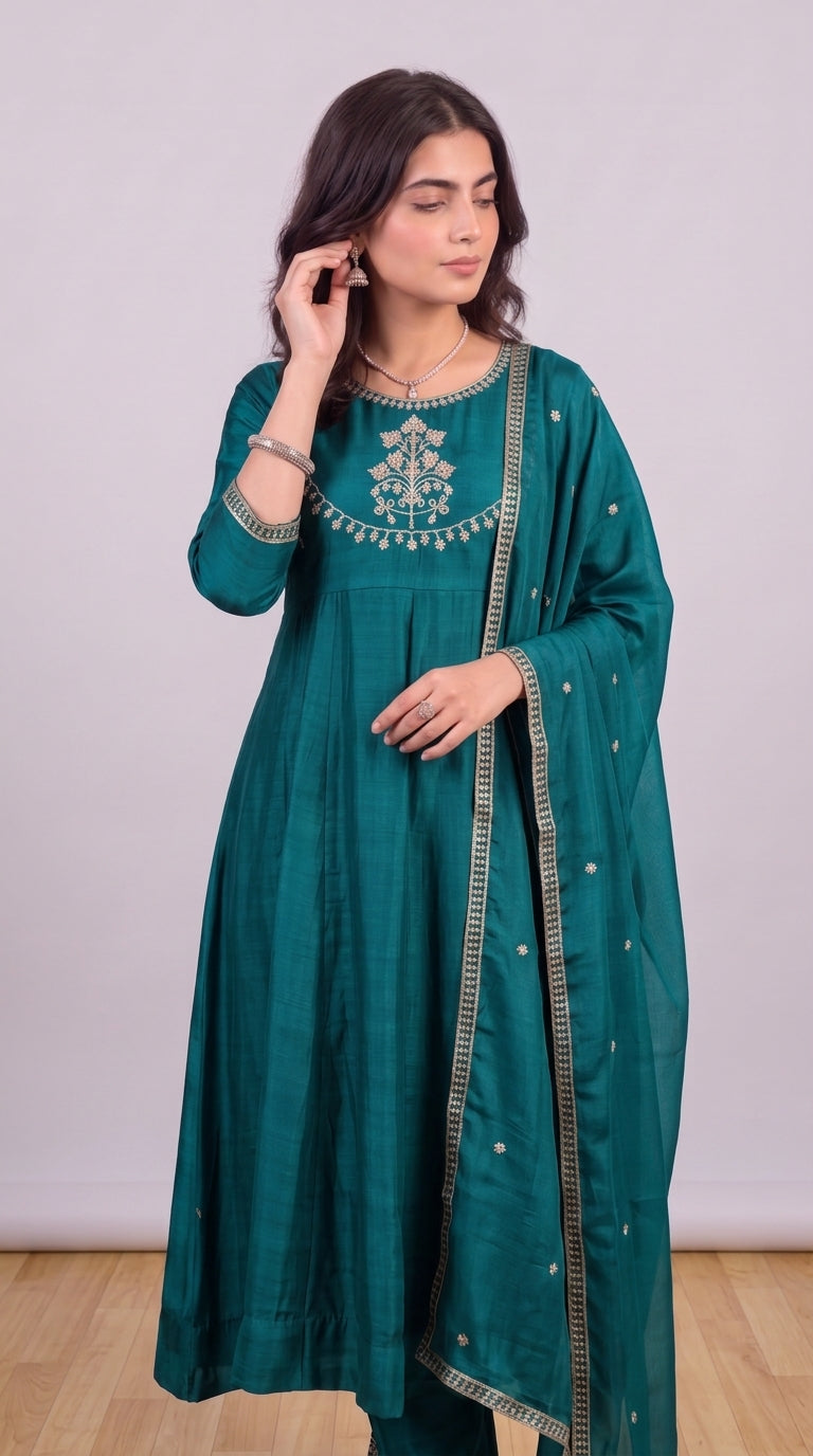Rama Blue Vichitra Silk Stitched Suit With Neck Embroidery
