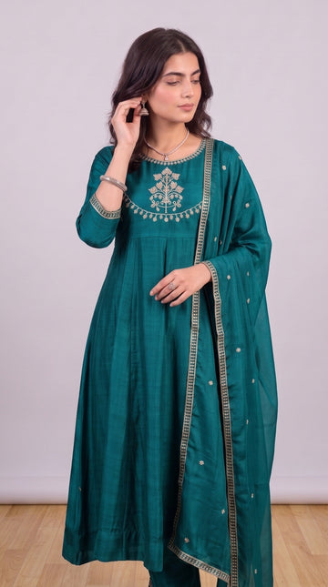 Rama Blue Vichitra Silk Stitched Suit With Neck Embroidery
