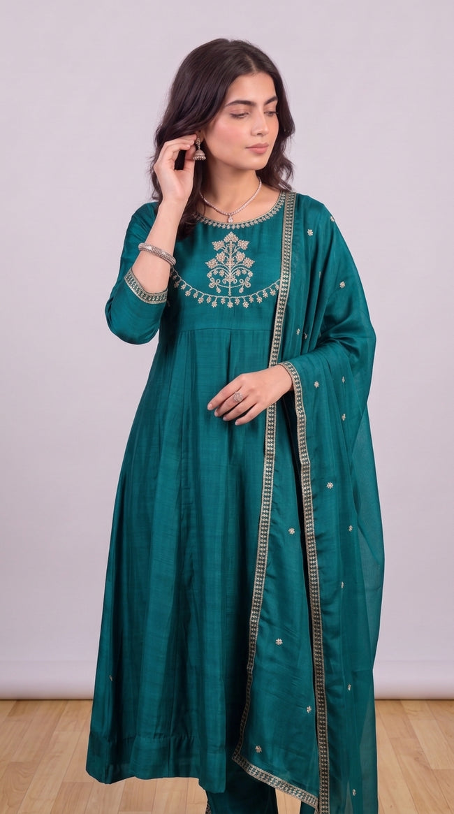 Rama Blue Vichitra Silk Stitched Suit With Neck Embroidery