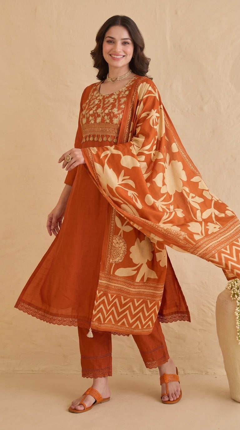 Printed Rustic Orange Pure Cotton Stitched Suit Set