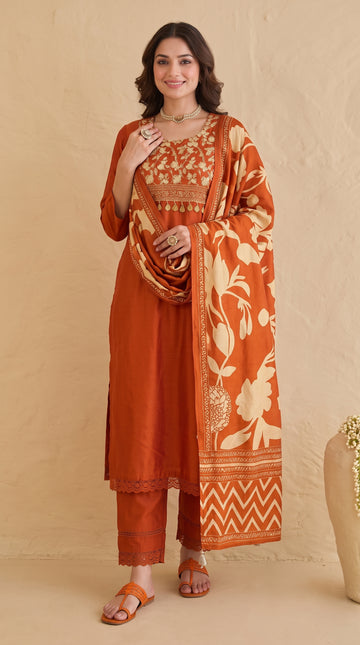 Printed Rustic Orange Pure Cotton Stitched Suit Set