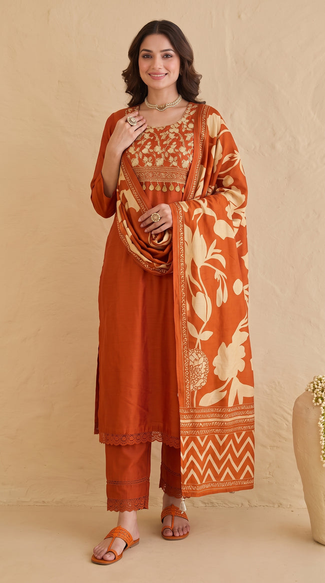 Printed Rustic Orange Pure Cotton Stitched Suit Set