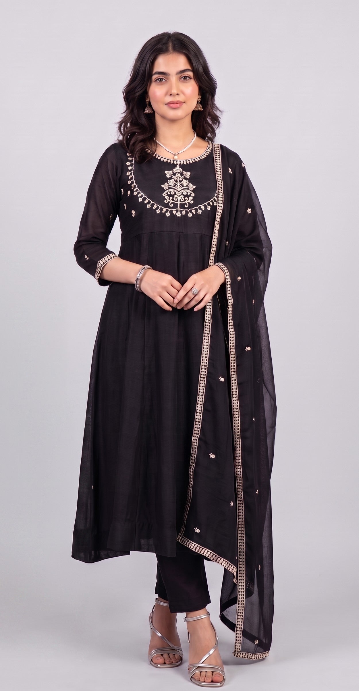 Black Vichitra Silk Stitched Suit With Neck Embroidery