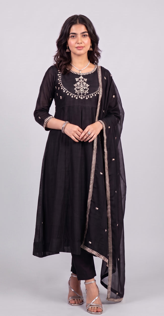 Black Vichitra Silk Stitched Suit With Neck Embroidery