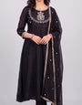 Black Vichitra Silk Stitched Suit With Neck Embroidery