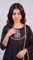 Black Vichitra Silk Stitched Suit With Neck Embroidery