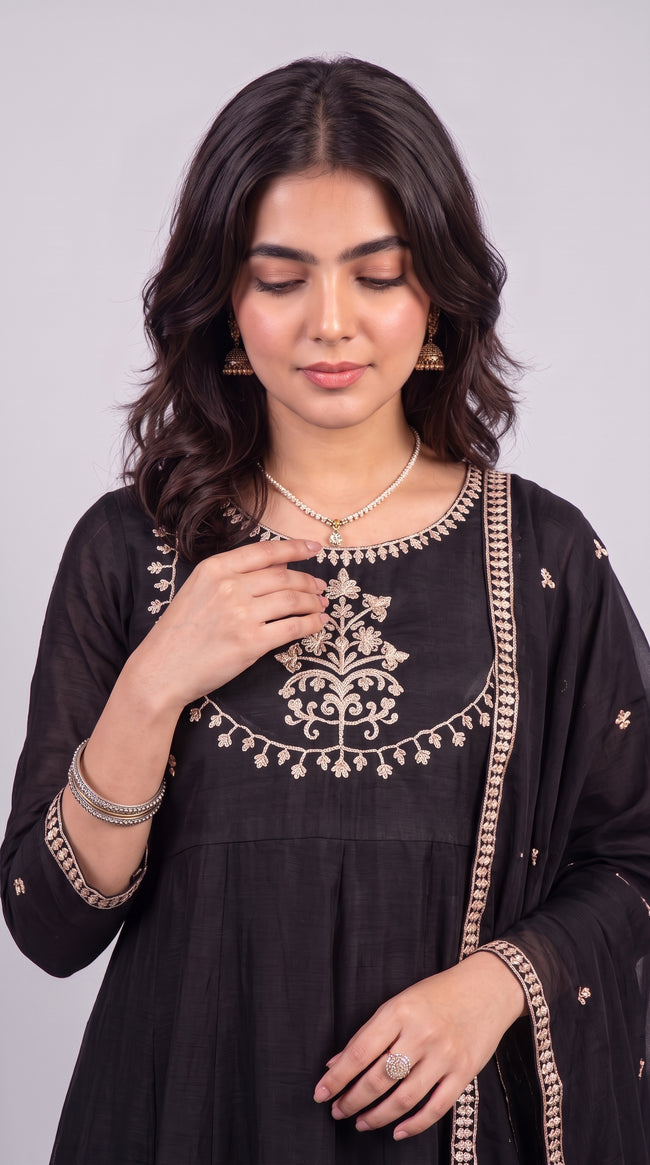 Black Vichitra Silk Stitched Suit With Neck Embroidery