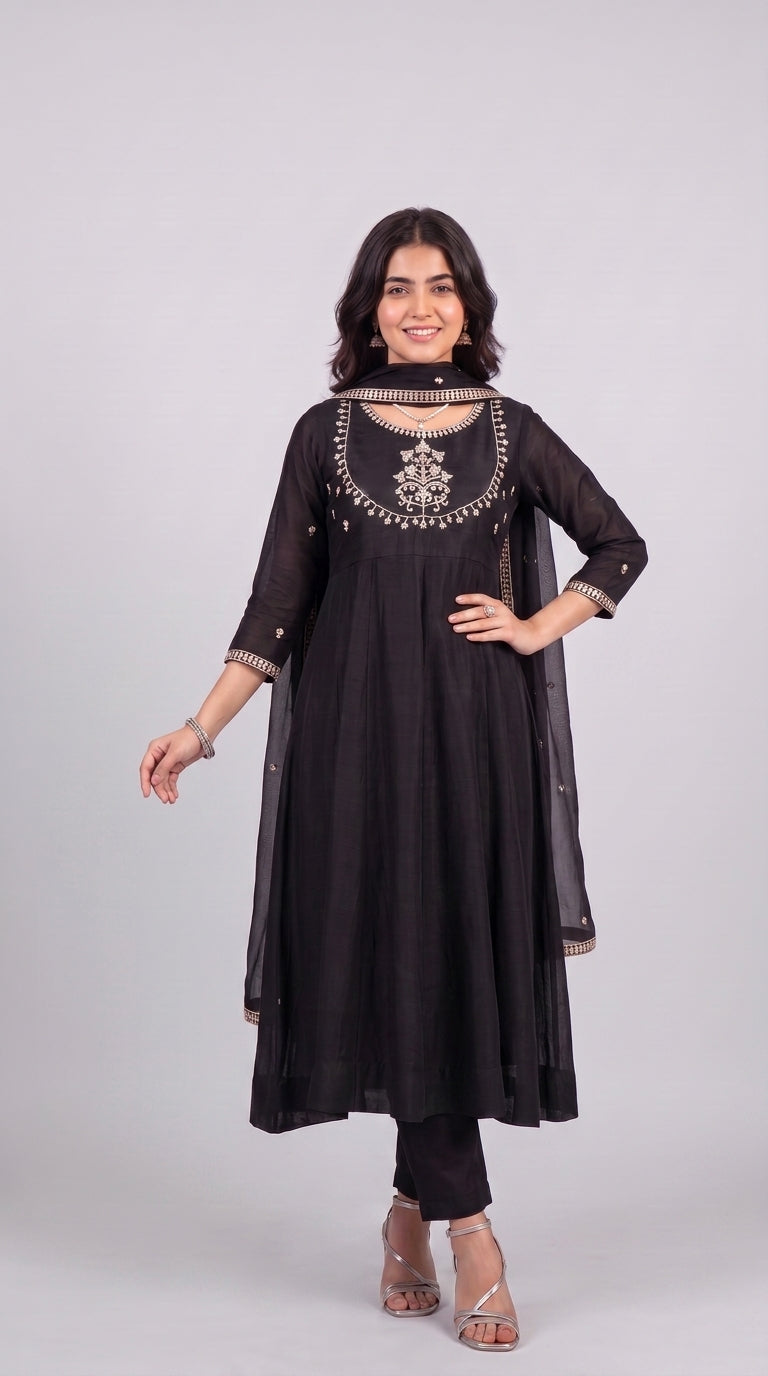 Black Vichitra Silk Stitched Suit With Neck Embroidery