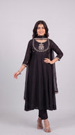 Black Vichitra Silk Stitched Suit With Neck Embroidery