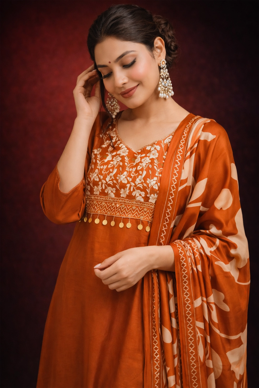 Printed Rustic Orange Pure Cotton Stitched Suit Set