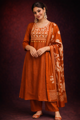 Printed Rustic Orange Pure Cotton Stitched Suit Set