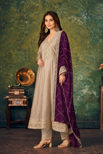 Beige-Purple Silk Stitched Suit