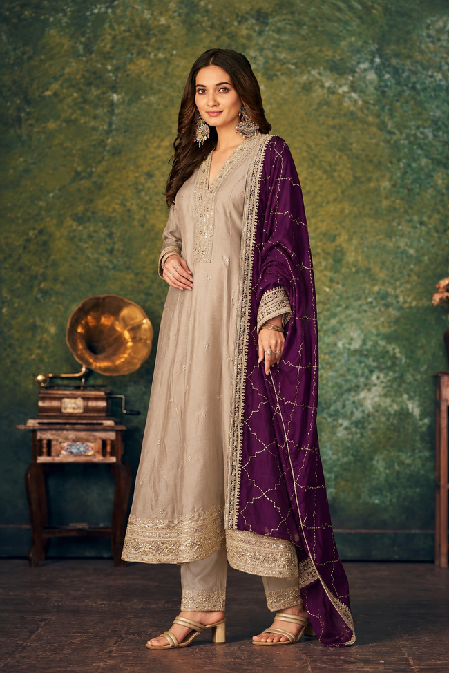 Beige-Purple Silk Stitched Suit