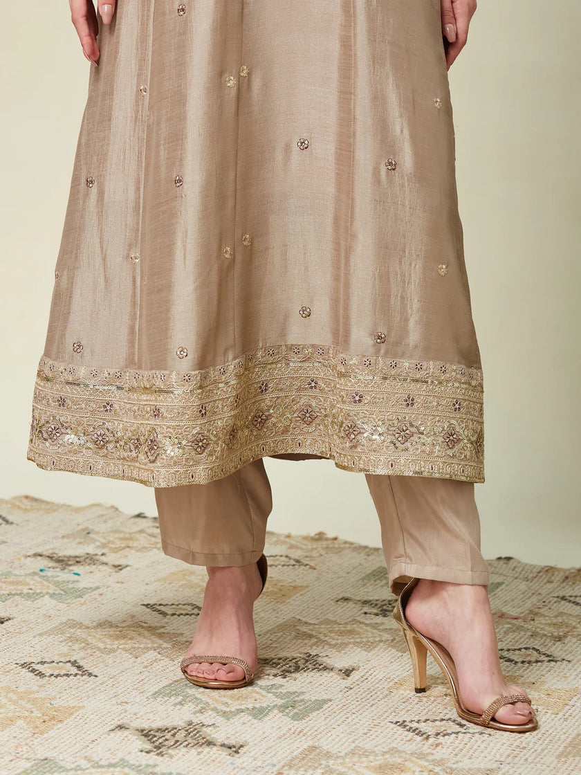Beige-Purple Silk Stitched Suit