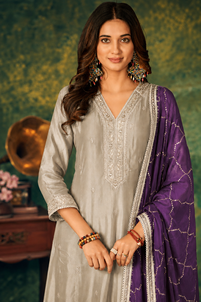 Beige-Purple Silk Stitched Suit