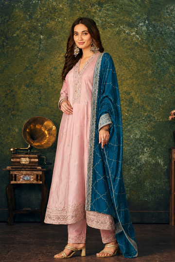 Pink-Blue Silk Stitched Suit