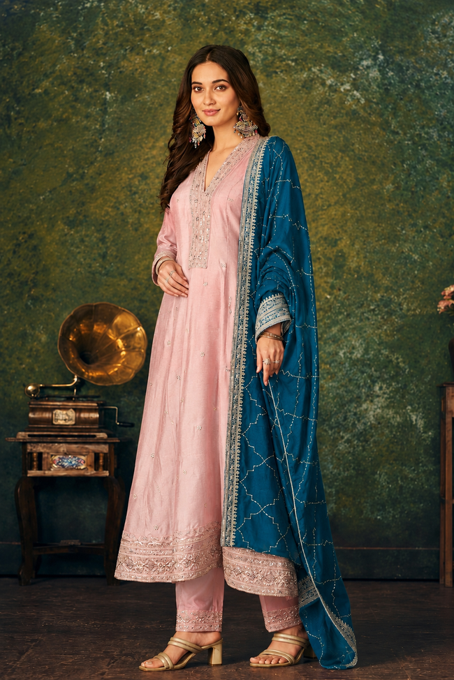 Pink-Blue Silk Stitched Suit