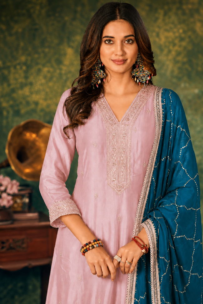 Pink-Blue Silk Stitched Suit
