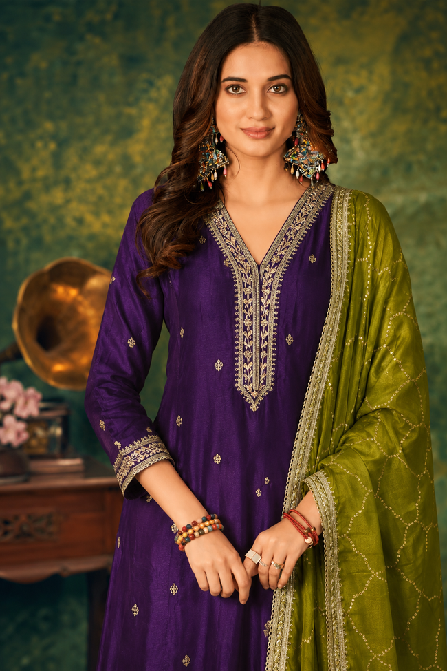 Purple-Green Silk Stitched Suit