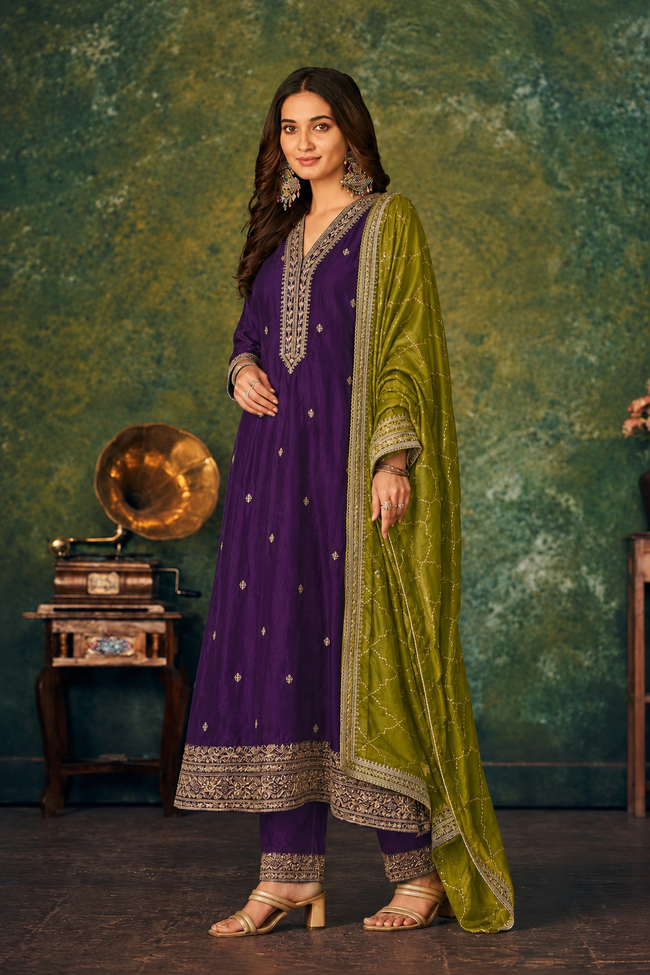 Purple-Green Silk Stitched Suit