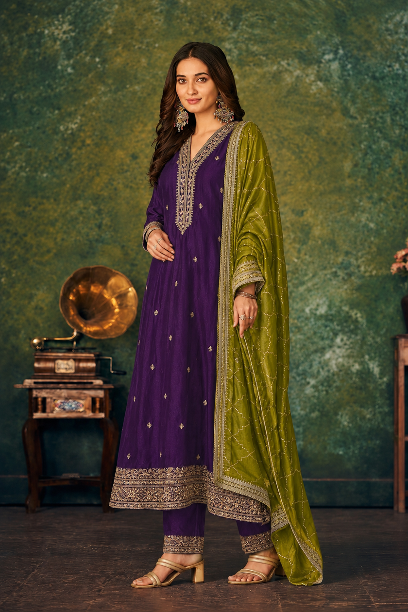 Purple-Green Silk Stitched Suit