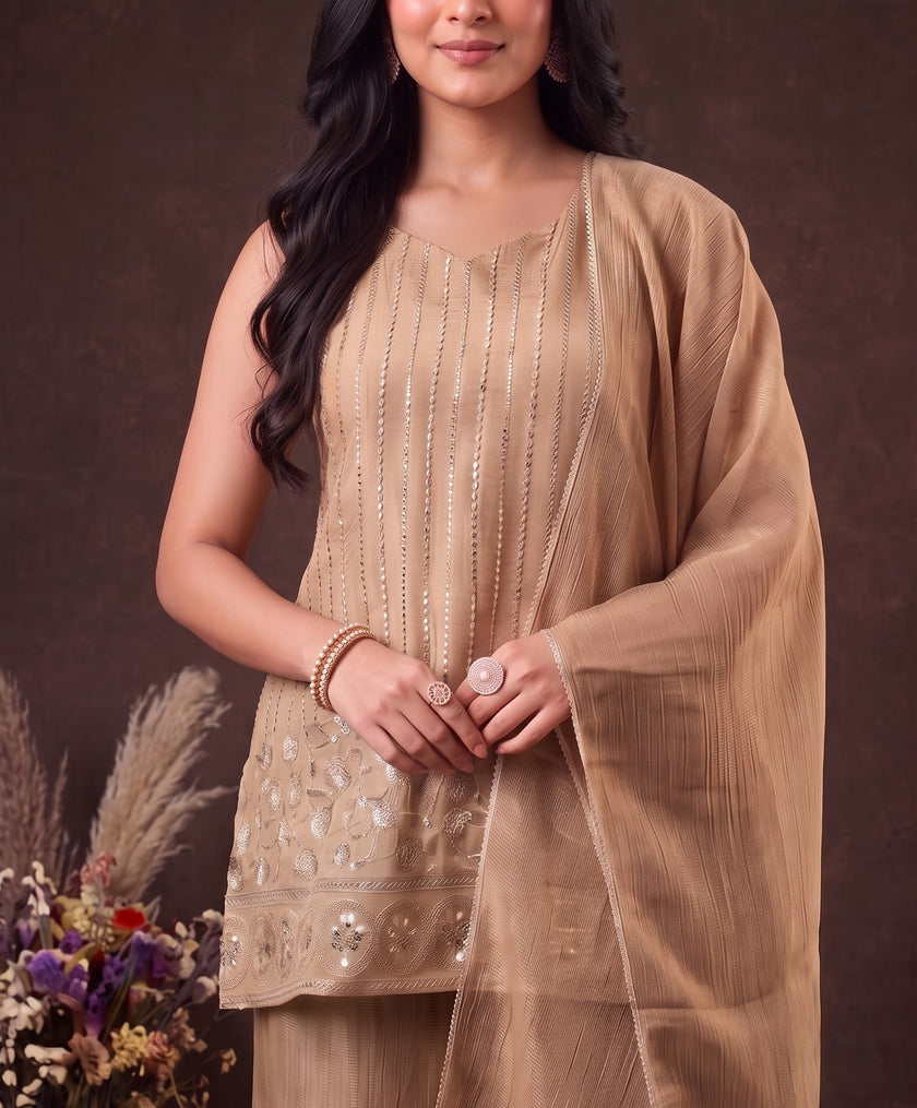 Beige Crunchy Silk Embroidered Stitched Suit