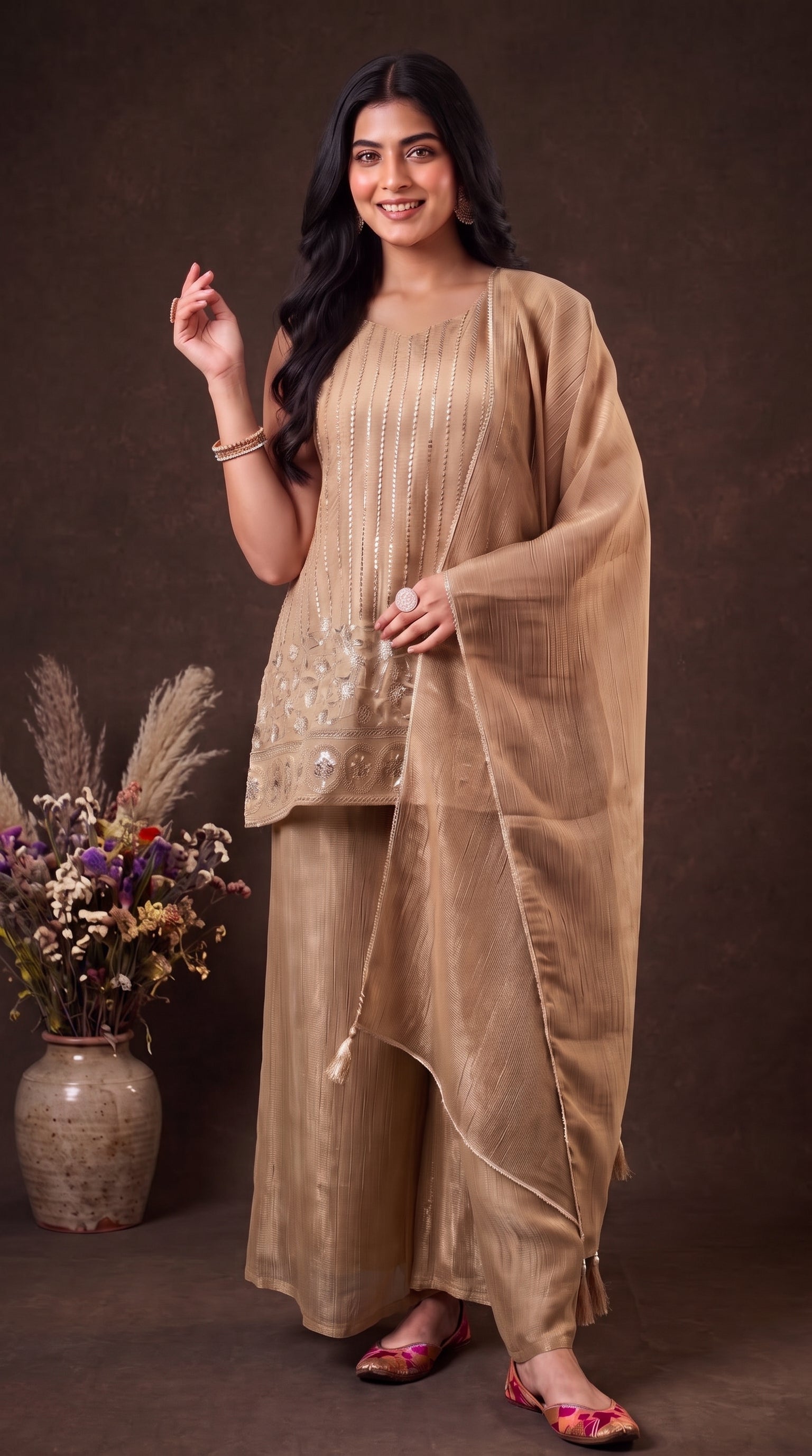Beige Crunchy Silk Embroidered Stitched Suit