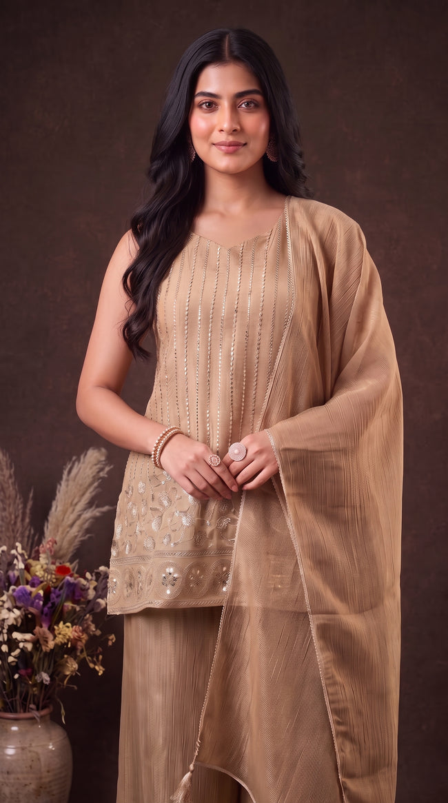 Beige Crunchy Silk Embroidered Stitched Suit