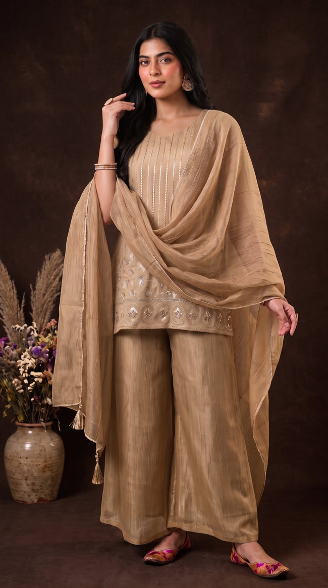 Beige Crunchy Silk Embroidered Stitched Suit