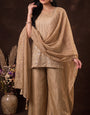 Beige Crunchy Silk Embroidered Stitched Suit
