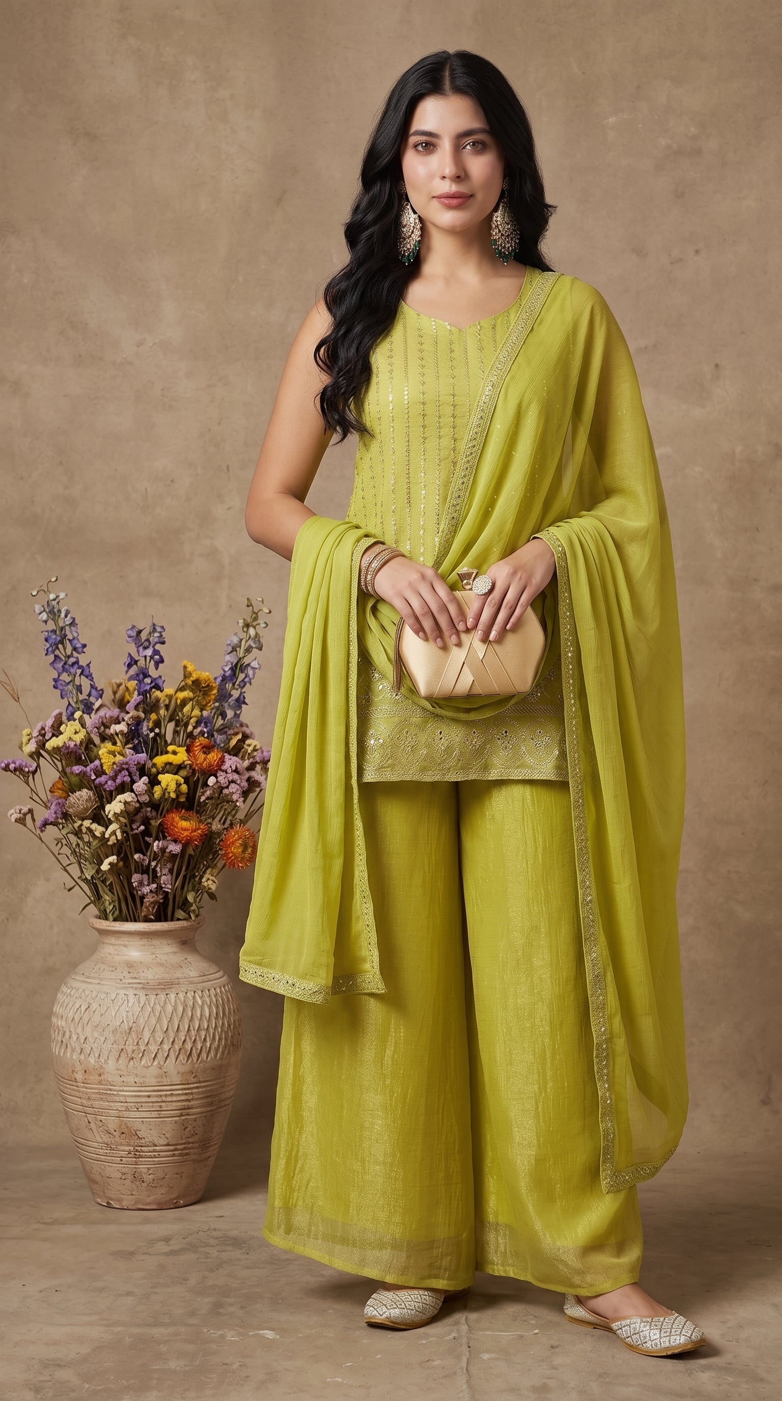 Olive Green Crunchy Silk Embroidered Stitched Suit