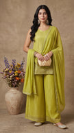Olive Green Crunchy Silk Embroidered Stitched Suit