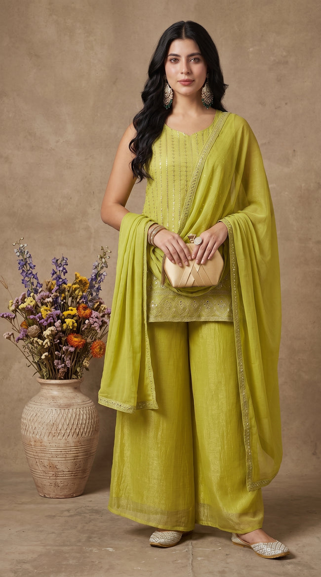 Olive Green Crunchy Silk Embroidered Stitched Suit