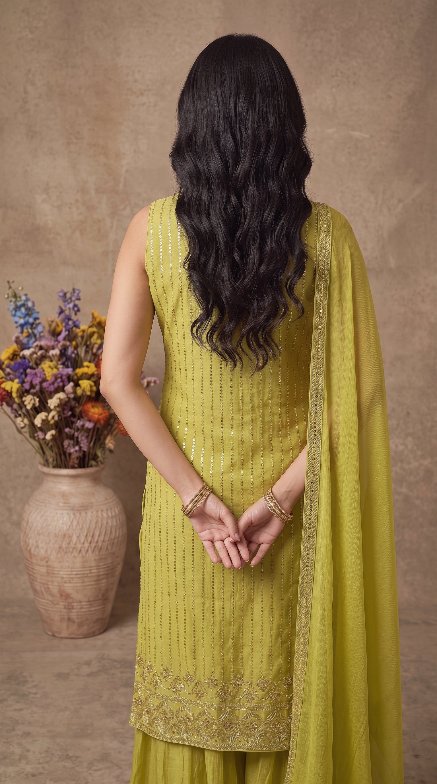 Olive Green Crunchy Silk Embroidered Stitched Suit