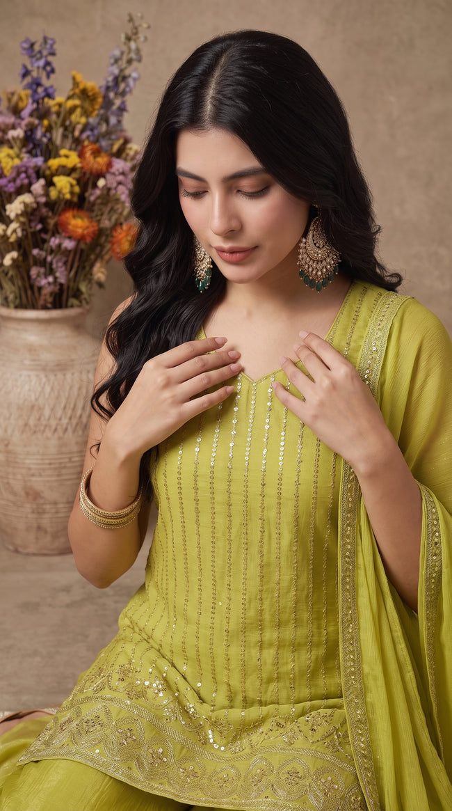 Olive Green Crunchy Silk Embroidered Stitched Suit