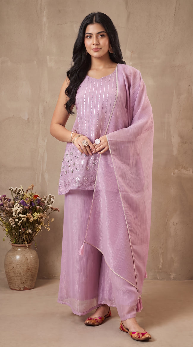 Lavender Crunchy Silk Embroidered Stitched Suit