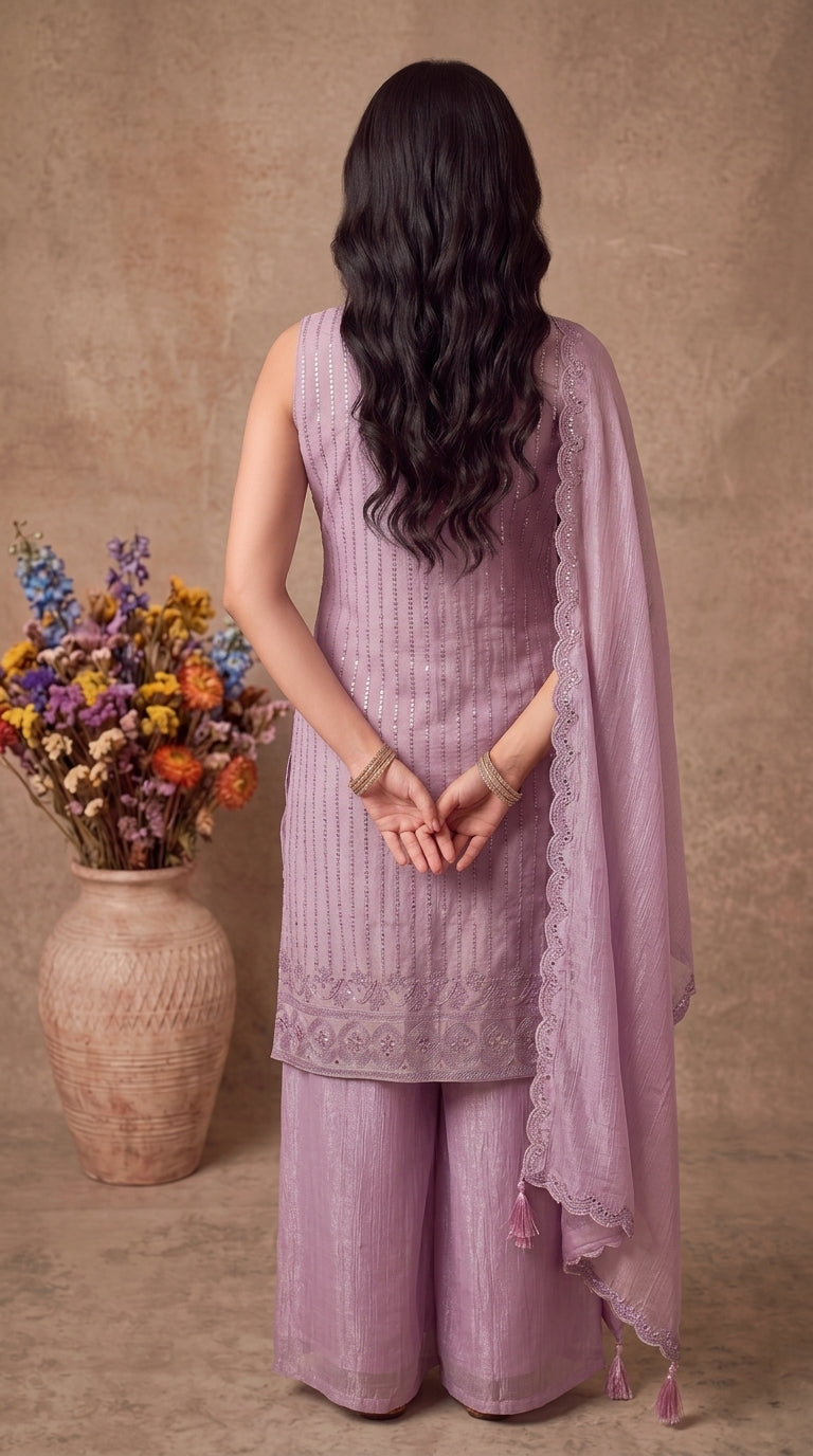 Lavender Crunchy Silk Embroidered Stitched Suit