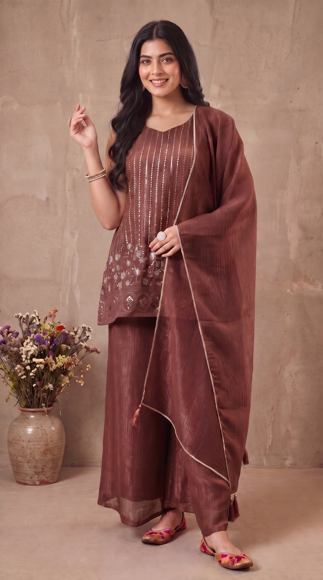 Brown Crunchy Silk Embroidered Stitched Suit