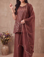 Brown Crunchy Silk Embroidered Stitched Suit