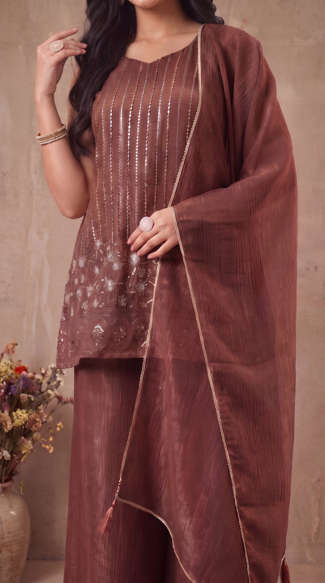 Brown Crunchy Silk Embroidered Stitched Suit