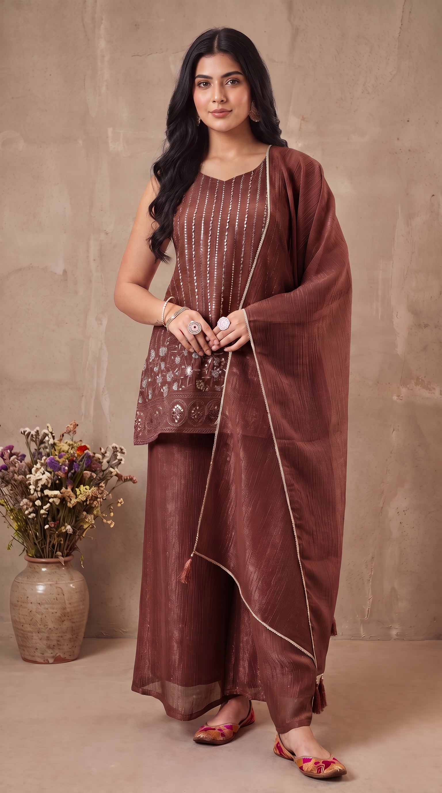 Brown Crunchy Silk Embroidered Stitched Suit