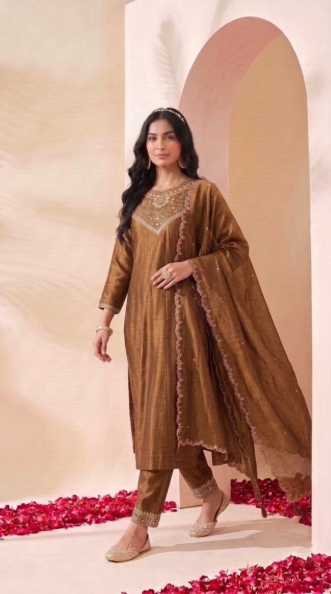 Brown Embroidered Silk Stitched Suit