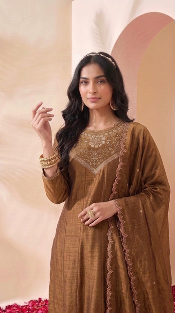 Brown Embroidered Silk Stitched Suit