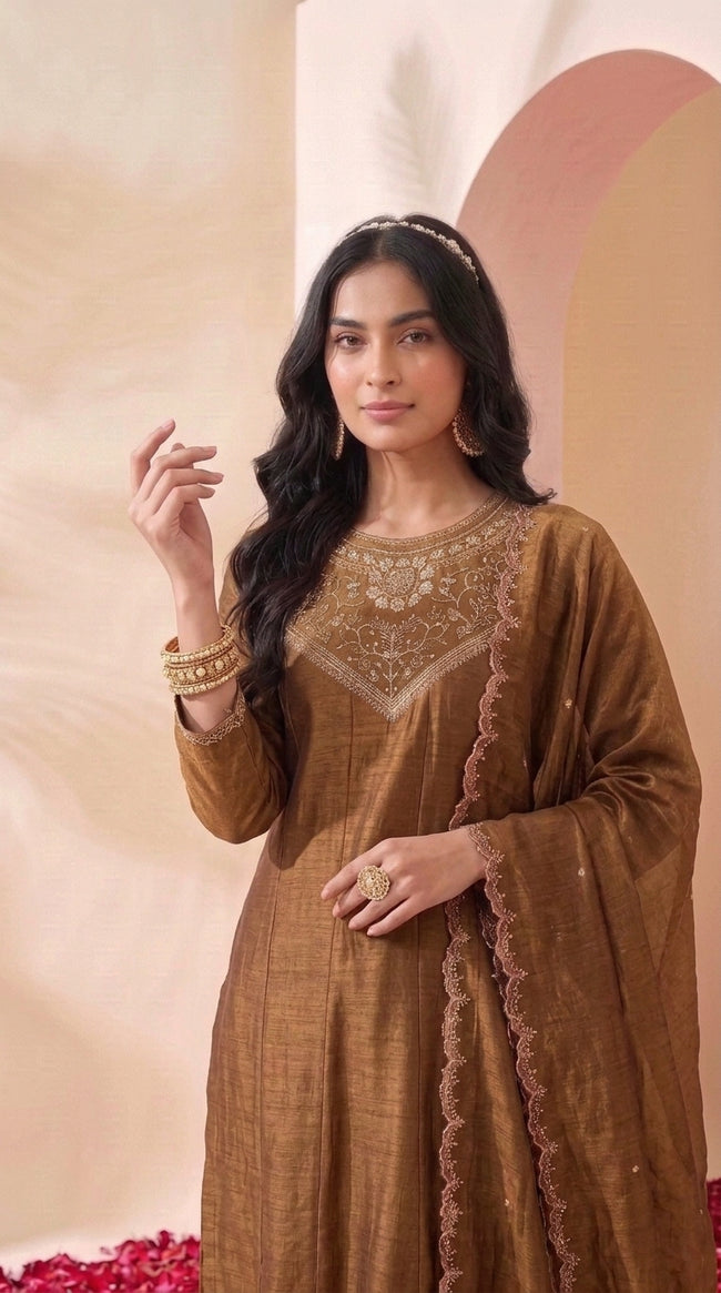 Brown Embroidered Silk Stitched Suit