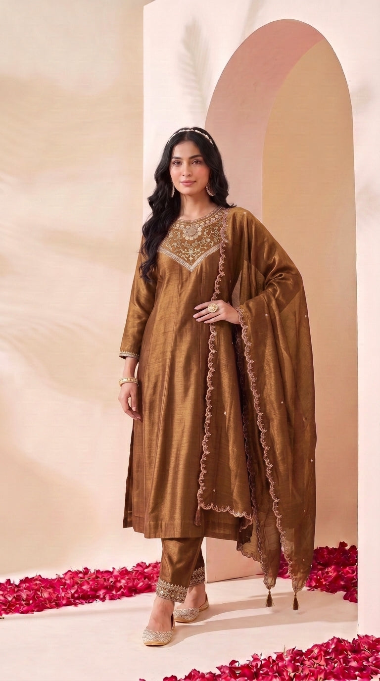 Brown Embroidered Silk Stitched Suit
