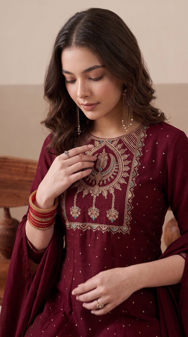 Wine Maroon Vichitra Silk Embroidered Stitched Suit Set